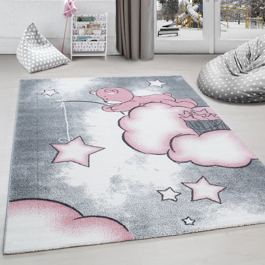 Kinderteppich Kinderzimmer Teppich Bär Wolken Stern-Angeln Grau-Weiß-Pink