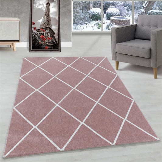 Wohnzimmerteppich Kurzflor Teppich Design Raute Modern Linien Unifarben Rosa