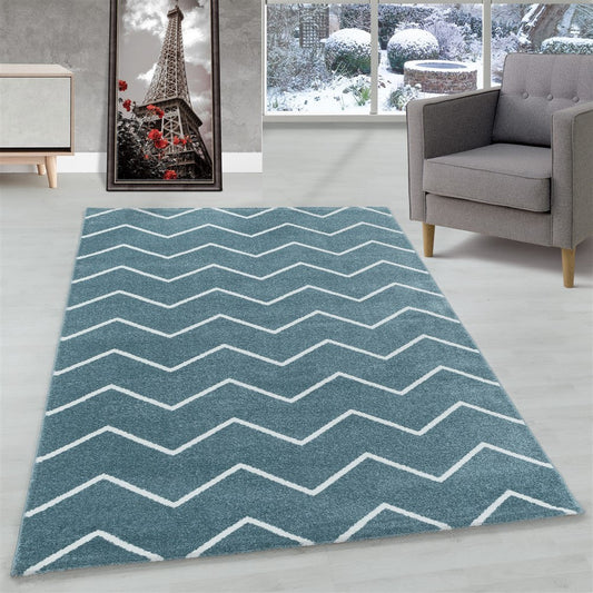 Wohnzimmerteppich Kurzflor Teppich Wellen Linien Design Kinderteppich Blau