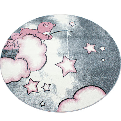 Kinderteppich Kinderzimmer Teppich Bär Wolken Stern-Angeln Grau-Weiß-Pink