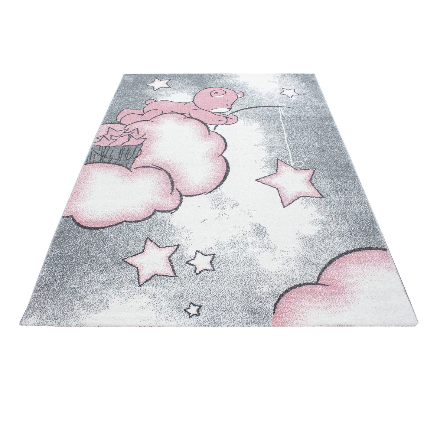 Kinderteppich Kinderzimmer Teppich Bär Wolken Stern-Angeln Grau-Weiß-Pink