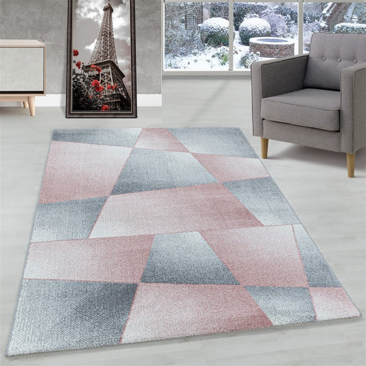 Wohnzimmerteppich Kurzflor Teppich Design Abstrakt Geometrisch Rosa