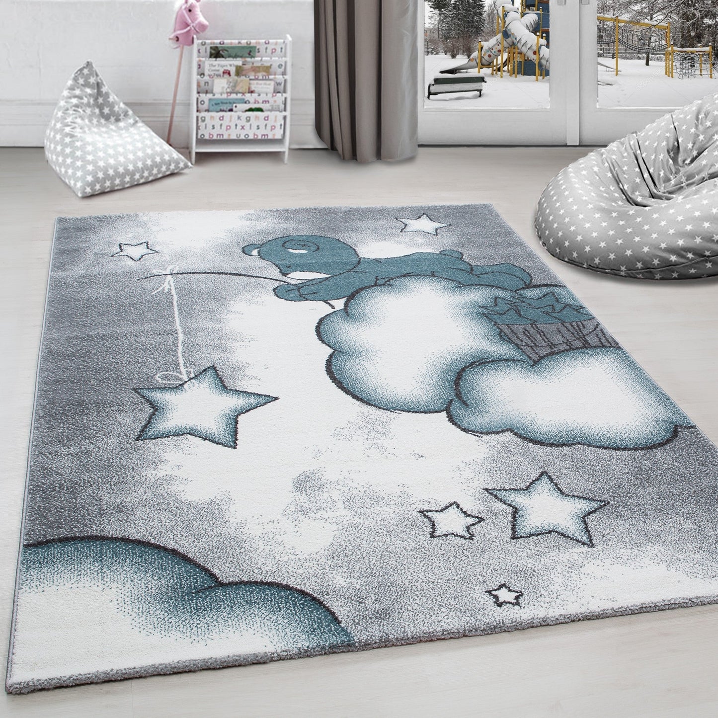 Kinderteppich Kinderzimmer Teppich Bär Wolken Stern-Angeln Grau-Weiß-Blau
