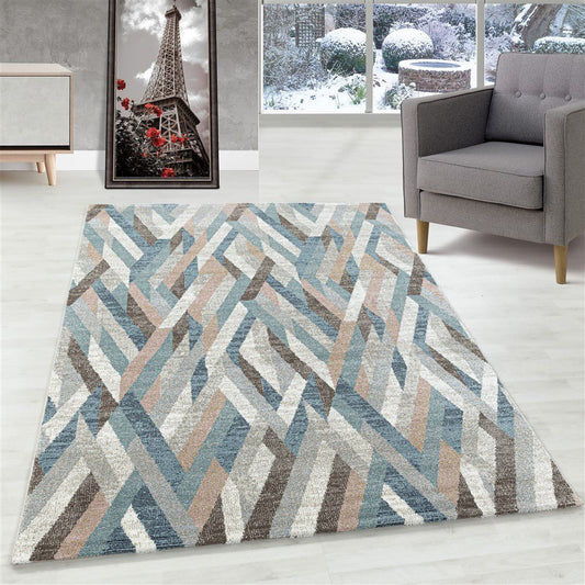 Modern Kurzflor Designer Teppich Geometrisches Linien design Braun Beige Blau