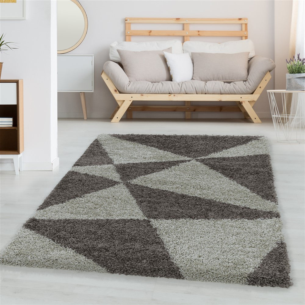 Wohnzimmerteppich Design Hochflor Teppich Muster Abstrakte Dreiecke Taupe