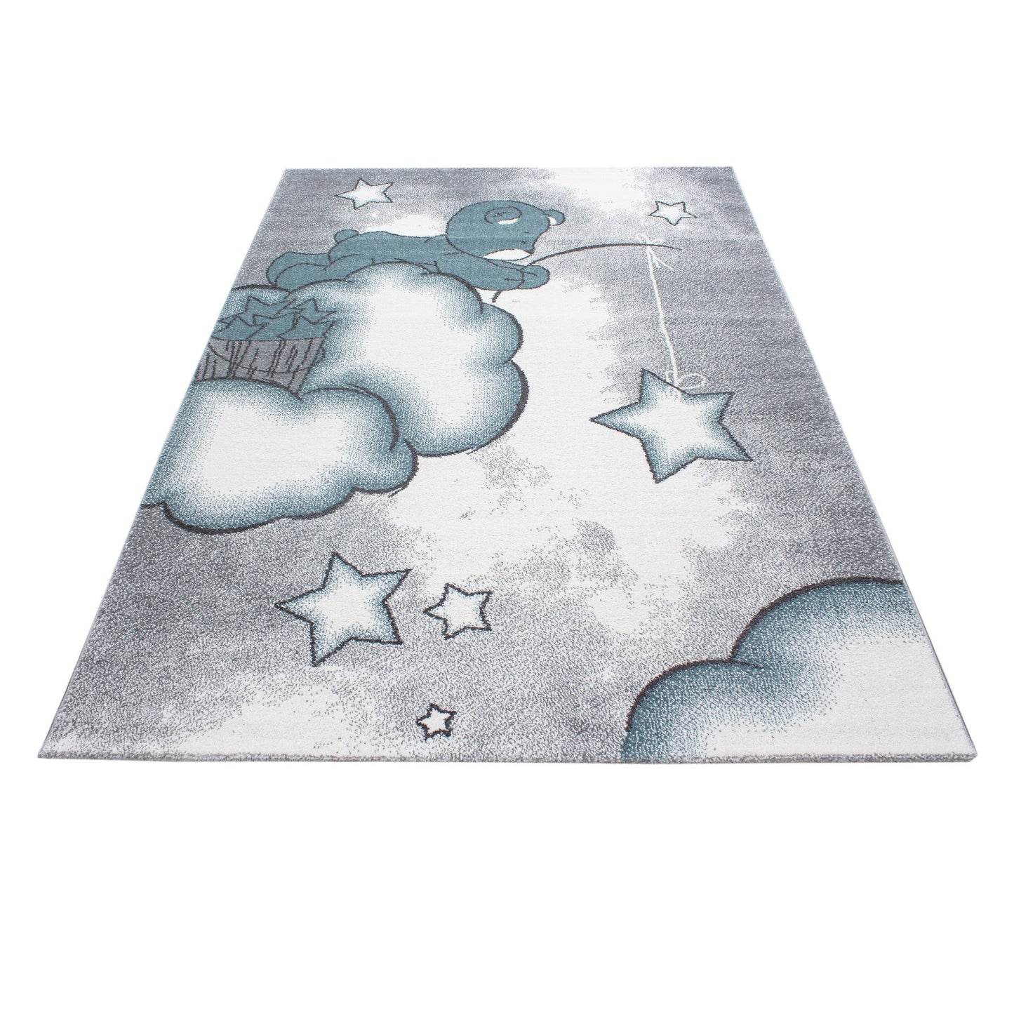 Kinderteppich Kinderzimmer Teppich Bär Wolken Stern-Angeln Grau-Weiß-Blau
