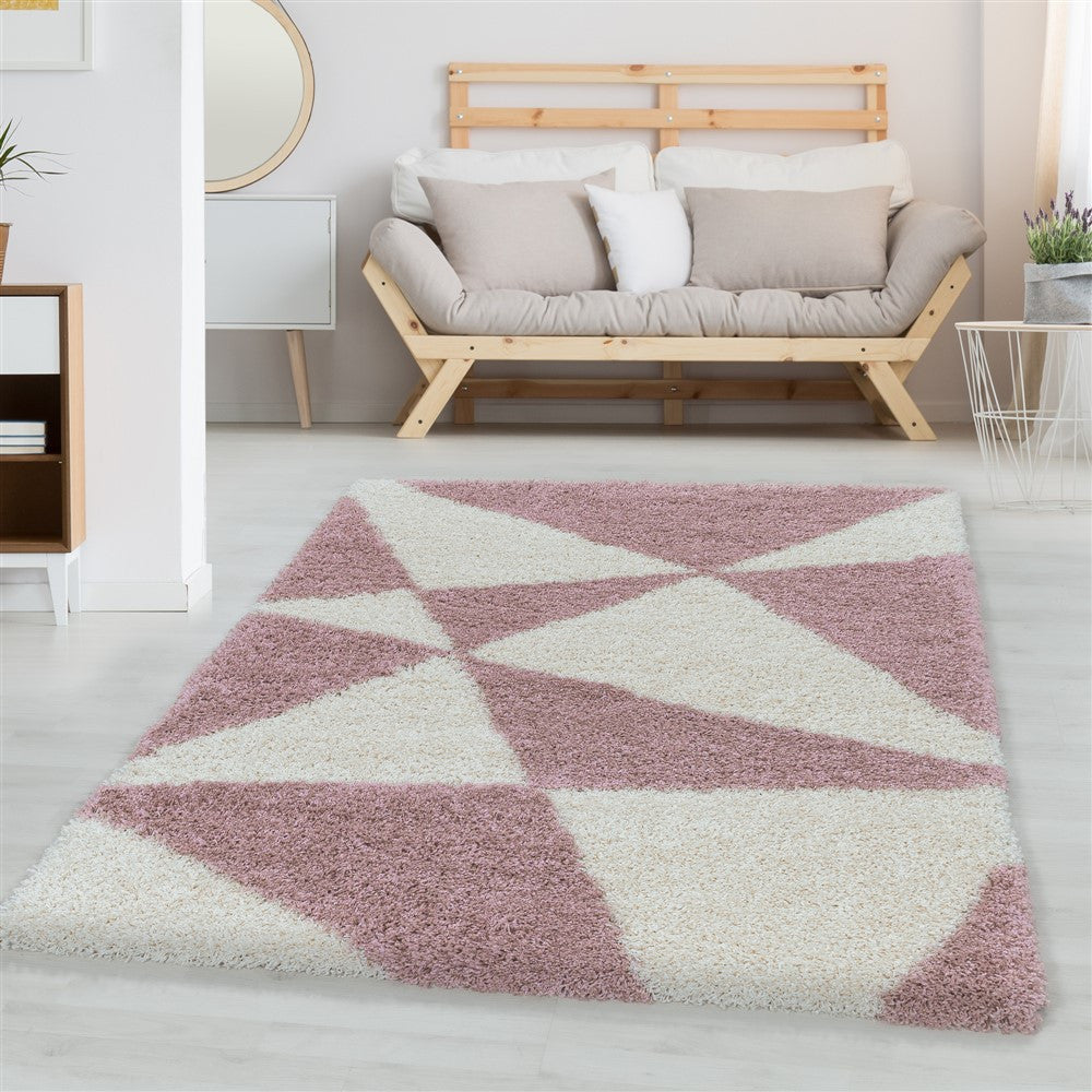 Wohnzimmerteppich Design Hochflor Teppich Muster Abstrakte Dreiecke Rose