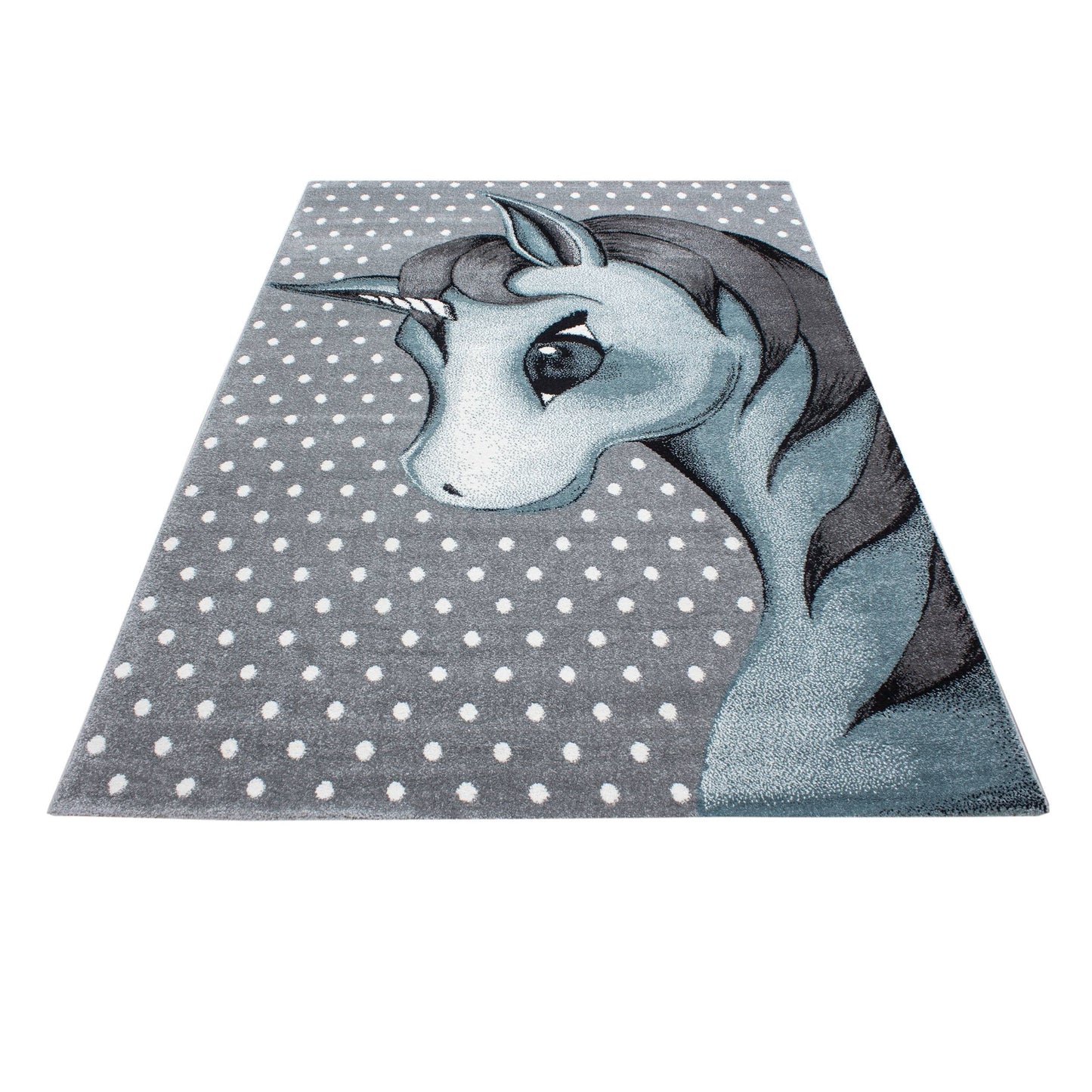 Kinderteppich Kinderzimmer Teppich Einhorn Muster Grau-Weiß-Blau