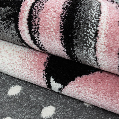 Kinderteppich Kinderzimmer Teppich Einhorn Muster Grau-Weiß-Pink
