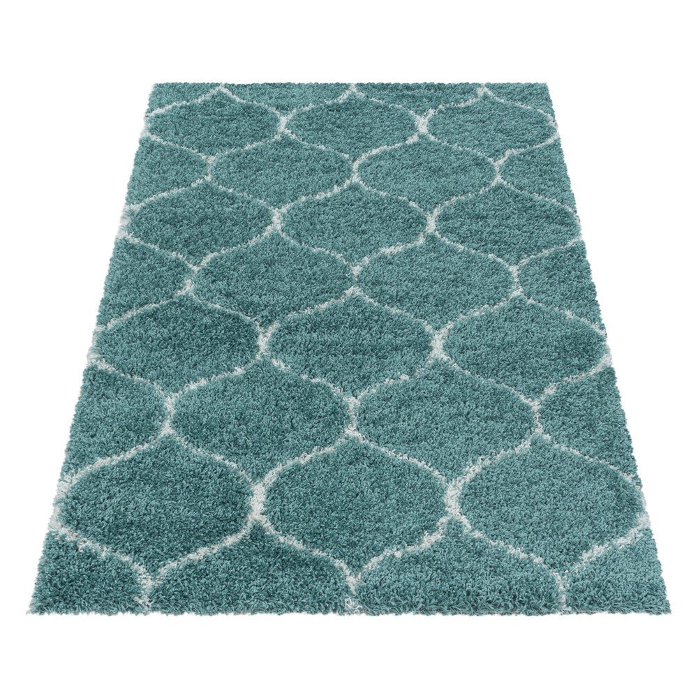Wohnzimmerteppich Design Hochflor Teppich Muster Kachel Tile Jacquard Blau