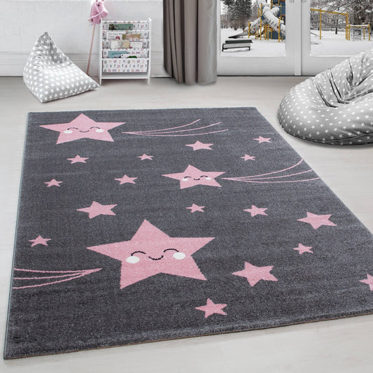 Kinderteppich Kinderzimmer Teppich Sterne Muster Grau-Pink