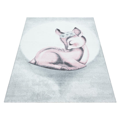 Kinderteppich Baby Teppich Kinderzimmer süßer Rehkitz Motiv Grau Pink Weiß