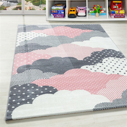 Kinderteppich Baby Teppich Kinderzimmer Wolken-Motiv Pink Grau Weiß Farben