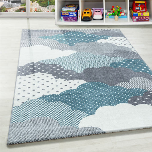 Kinderteppich Baby Teppich Kinderzimmer Wolken-Motiv Blau Grau Weiß Farben