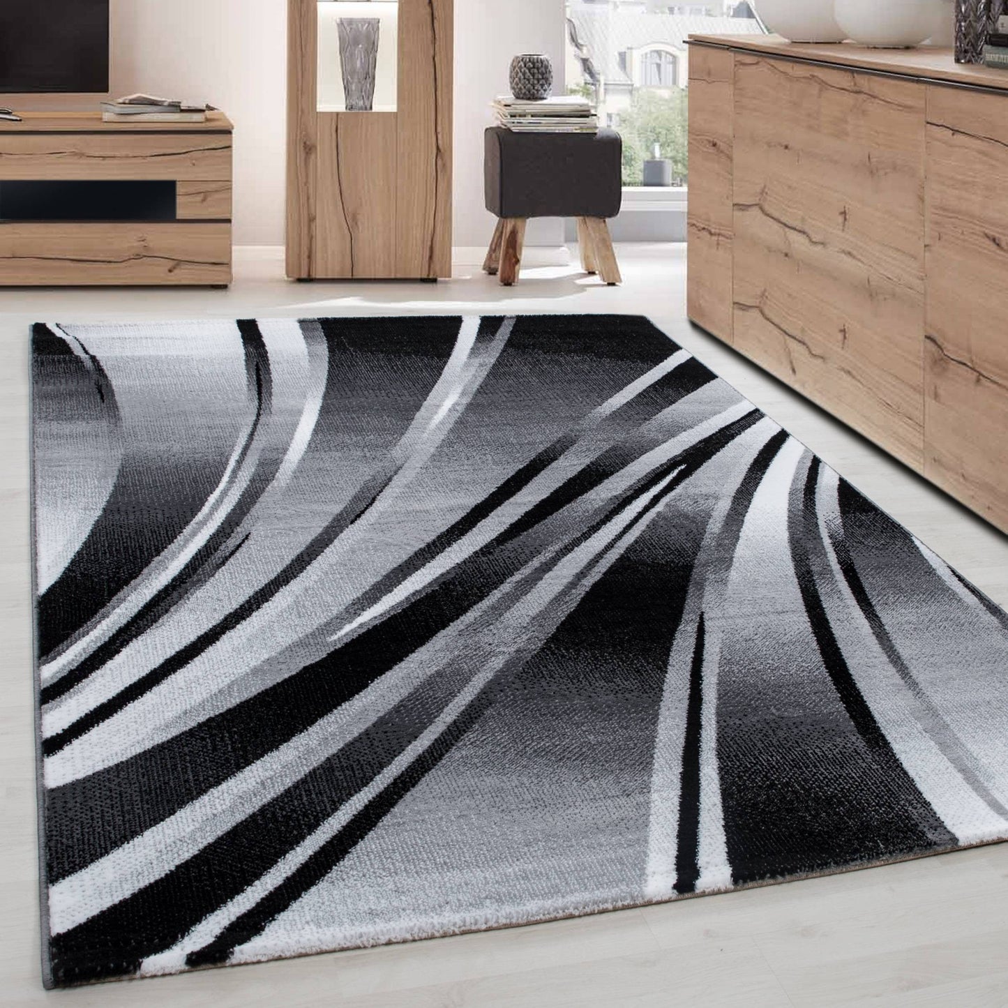 Teppich Modern Designer Geometrisch Wellen Optik Meliert Schwarz Grau Weiss