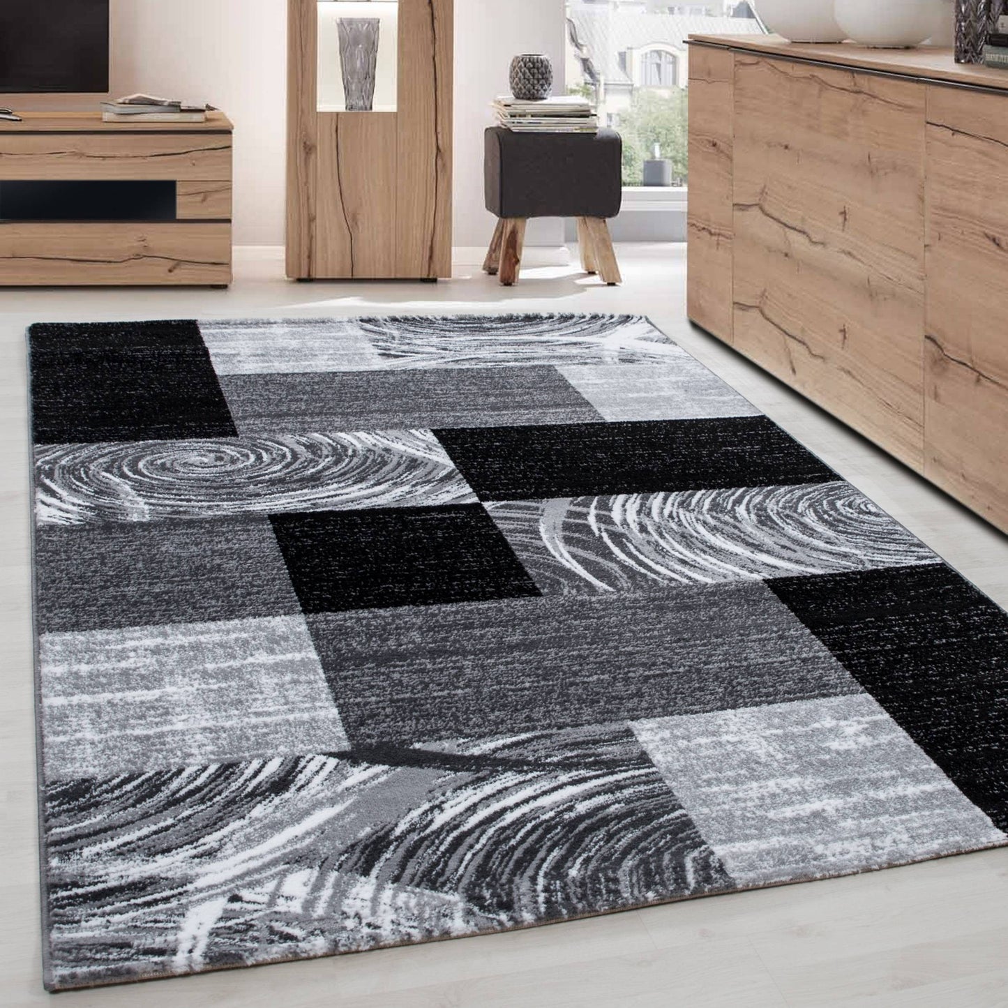 Teppich Modern Designer Wohnzimmer Geometrisch Kariert Muster Schwarz Grau Weiss