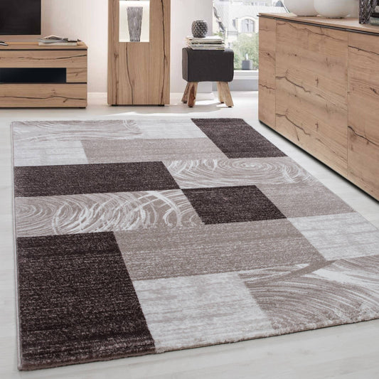 Teppich Modern Designer Wohnzimmer Geometrisch Kariert Muster Braun Beige Creme