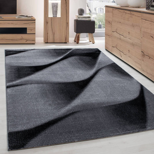 Teppich Modern Designer Wohnzimmer Geometrisch Wellen Muster Grau Schwarz Weiss