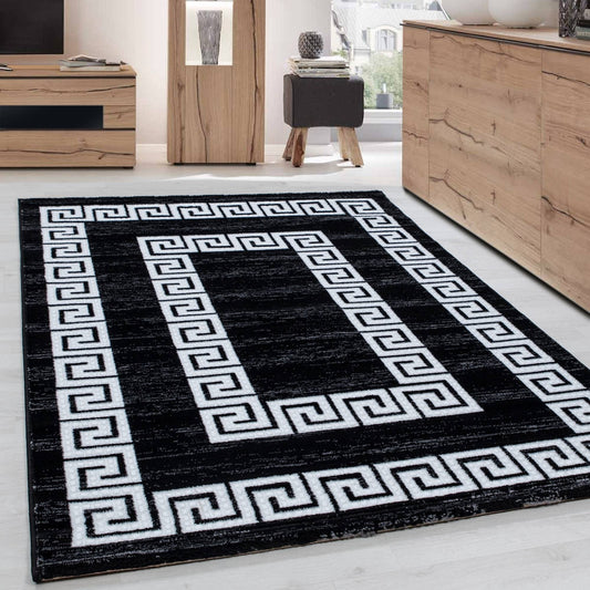 Teppich Modern Designer Wohnzimmer Bordüre Versace Muster Meliert Schwarz Weiss