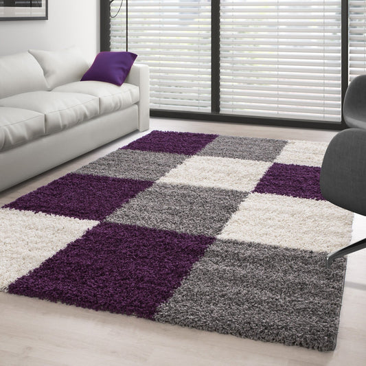 Teppich Hochflor Langflor günstig Wohnzimmer Shaggy kariert Lila Weiss Grau