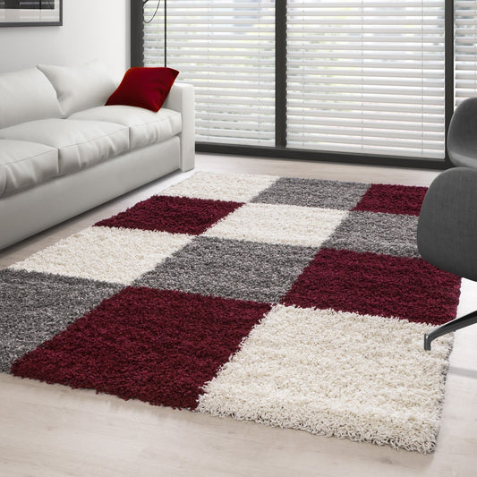 Hochflor Langflor Wohnzimmer Shaggy Teppich kariert Rot Weiss Grau