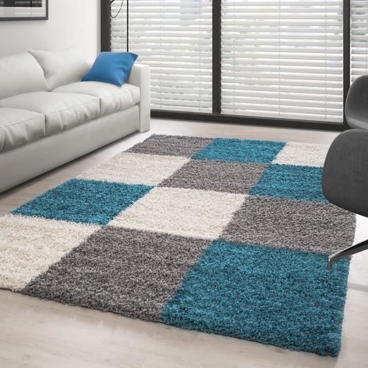 Hochflor Langflor Wohnzimmer Shaggy Teppich kariert Türkis Weiss Grau