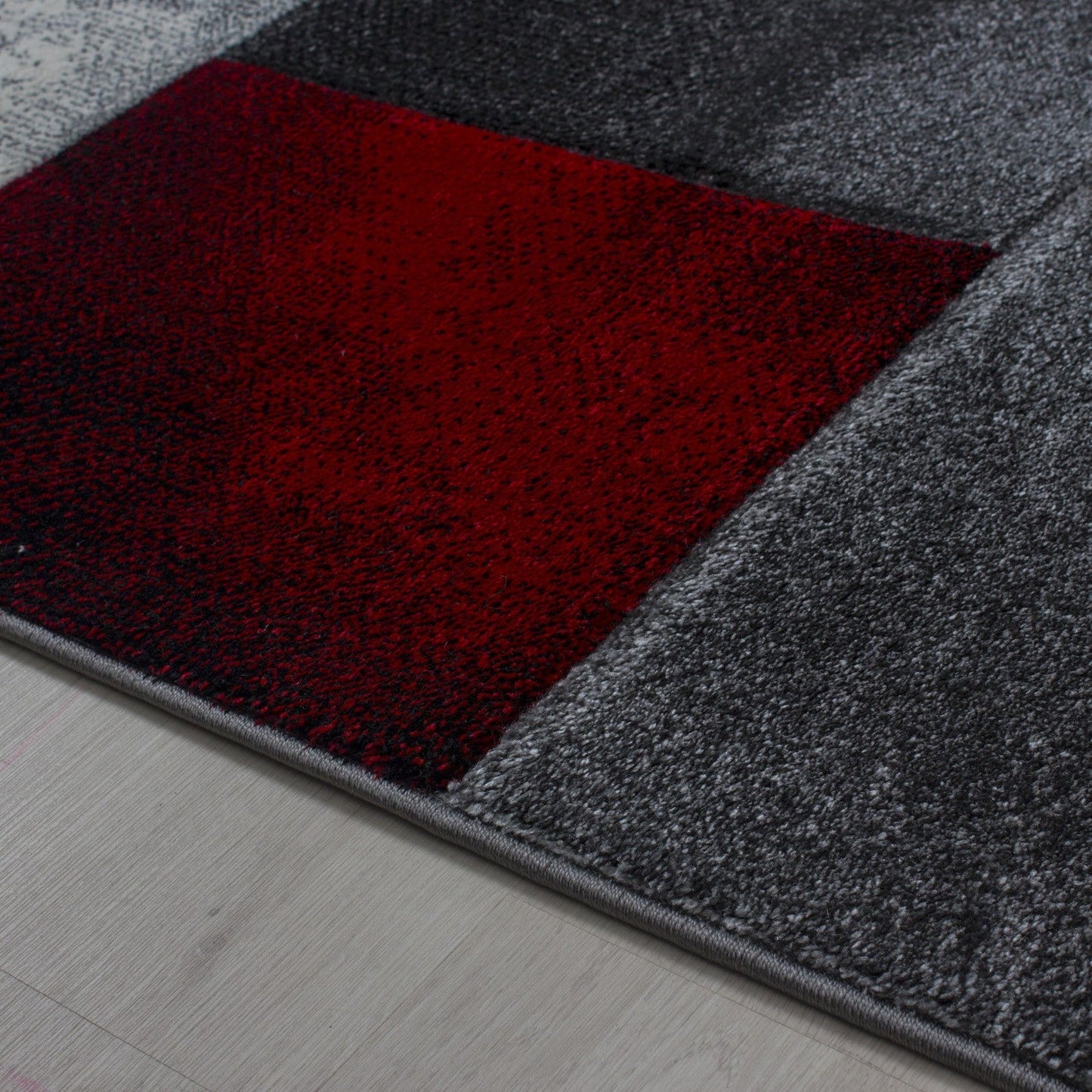 Designer Teppich Modern Kariert Muster Konturenschnitt Schwarz Grau Rot